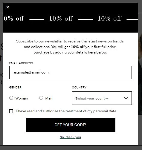 뉴스레터 구독 10% 받기 화면 예시
